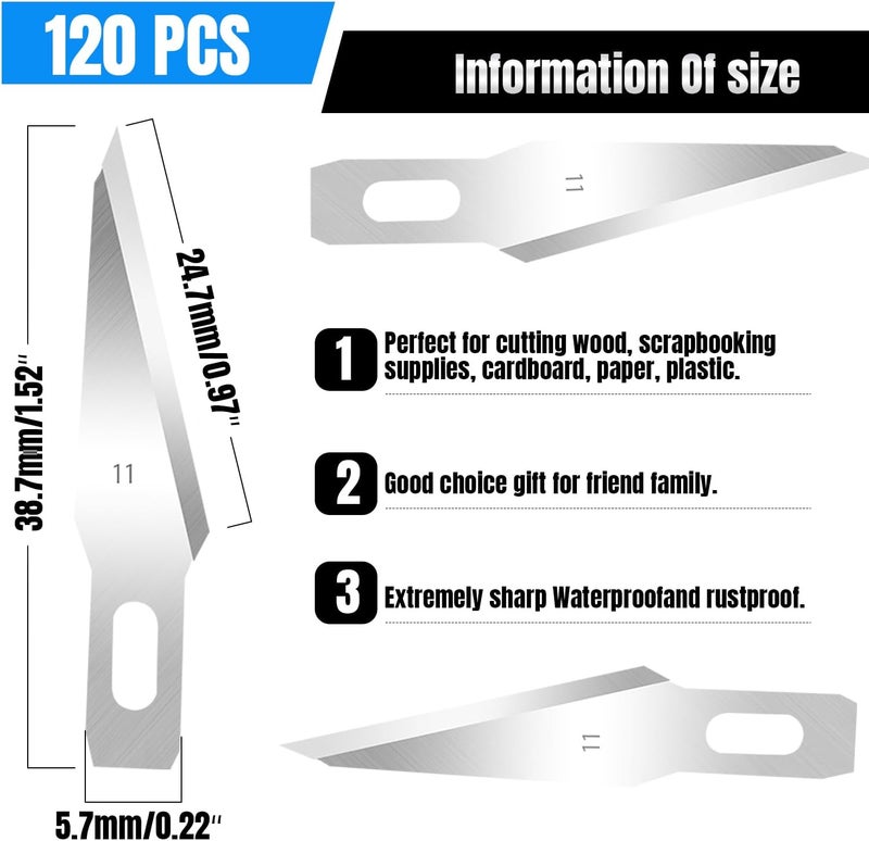 QIMAOO 120 Pcs Exacto Knife Blades, #11 Obtuse Angle High Carbon Steel Hobby Knife Blade Refills Hobby Knife Replacement Blades for Craft, Scrapbooking, Stencil - Image 2